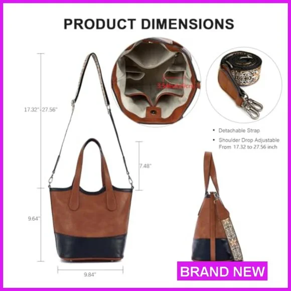 Vegan Leather Bucket Purse Top Handle Crossbody Satchel with Bottle Pockets